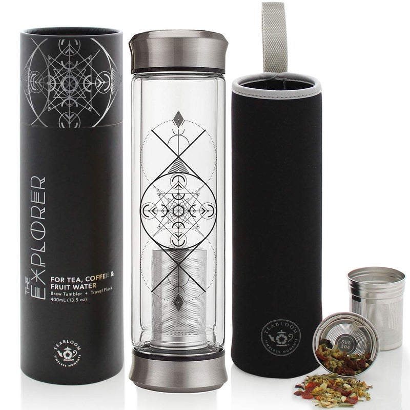 Teabloom All-Beverage Infusion Bottle â€“ 14 oz / 400 ml â€“ Double Wall Insulated Glass Travel Flask â€“ Hot Tea & Cold Brew Coffee Thermos â€“ Removable Sleeve - Image 5